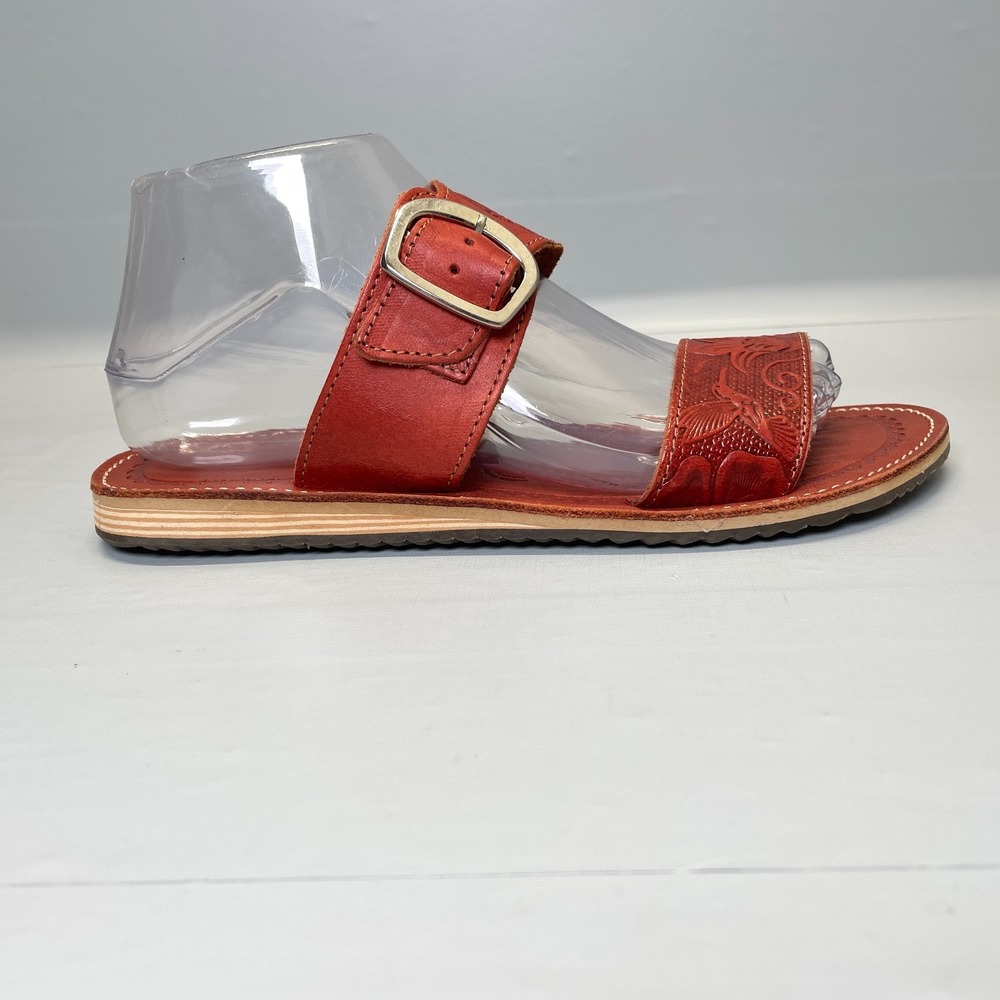 Womens Sandals Handmade Mexican Size 25 (Mex) 8 (US) Red Leather Slides Shoes